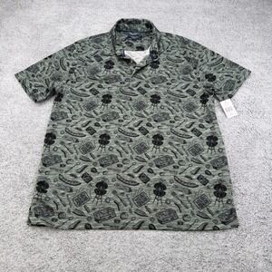Visitor Polo Shirt Mens Large Sage Black BBQ Grill Print Performance Camp New